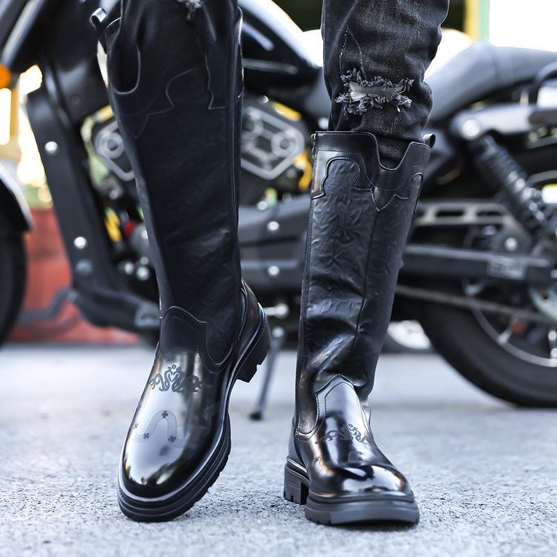Stivali da uomo a metà polpaccio Alta qualità Pelle verniciata Casual Stivali a tubo lungo Moda Stivali da motociclista Stivale da cavaliere da uomo Botas Hombre