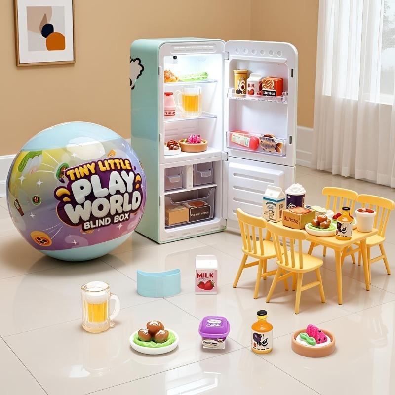 Tiny Little Play World Mini Fridge Blind Box Toy Set | Random Mini Food Models, Micro Table Chair Pretend Play,Creative Capsule