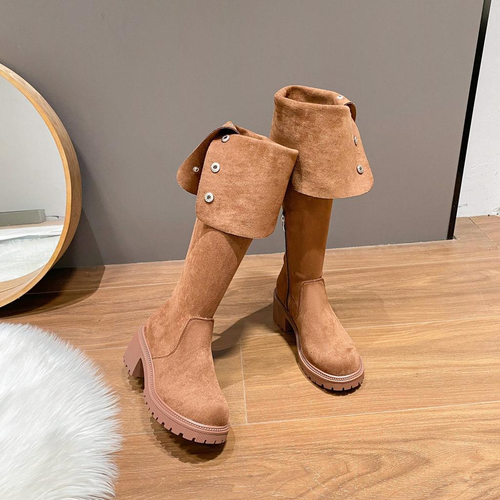 Otoño Nuevas Botas Altas hasta la Rodilla para Mujer Punta Redonda Tacón Grueso Ante Botas de Montar para Mujer Vestido Damas Zapatos de Plataforma