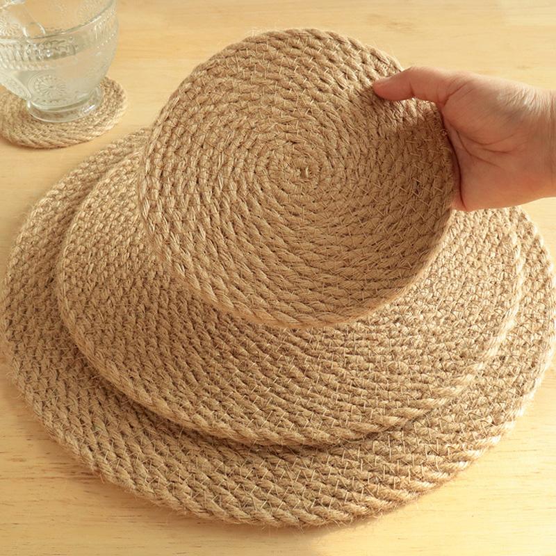 1PC Grass Woven Coaster Circular Placemat Hand Woven Insulation Pad Elliptical Cotton and Hemp Bowl Mat Pot Mat Simple Natural