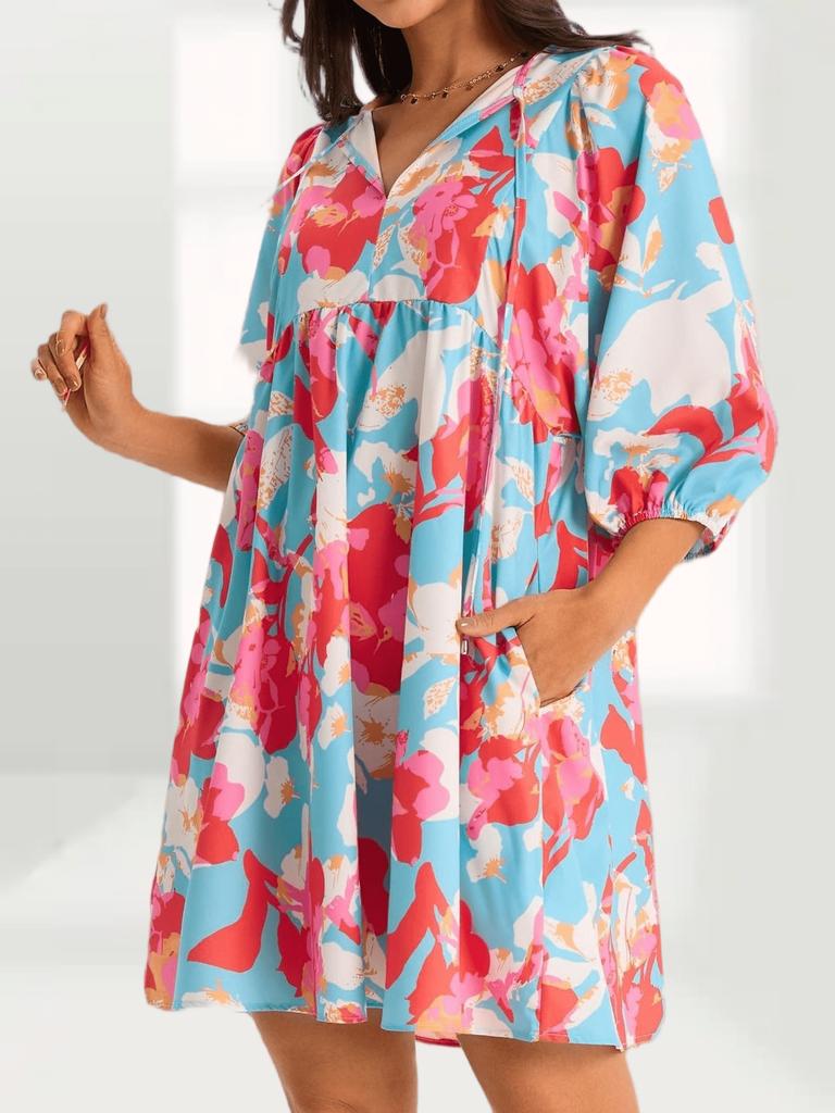 Women's Boho Floral Babydoll Dress V Neck Puff Sleeve Loose Summer Dress with Pockets