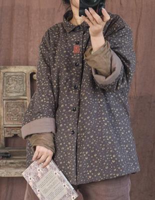 Women Chinese Style Winter Parkas Warm Clothes Print Floral Button Linen Vintage Parkas Coat