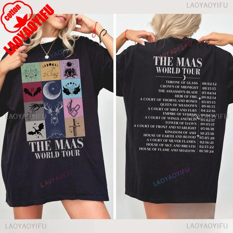 

Сара Дж. Маас SJM Мерч Мировой Тур Футболка Престол Стекла Атрибутика Фаната Сумерки Мода Повседневный Комфорт Хлопковые Футболки M