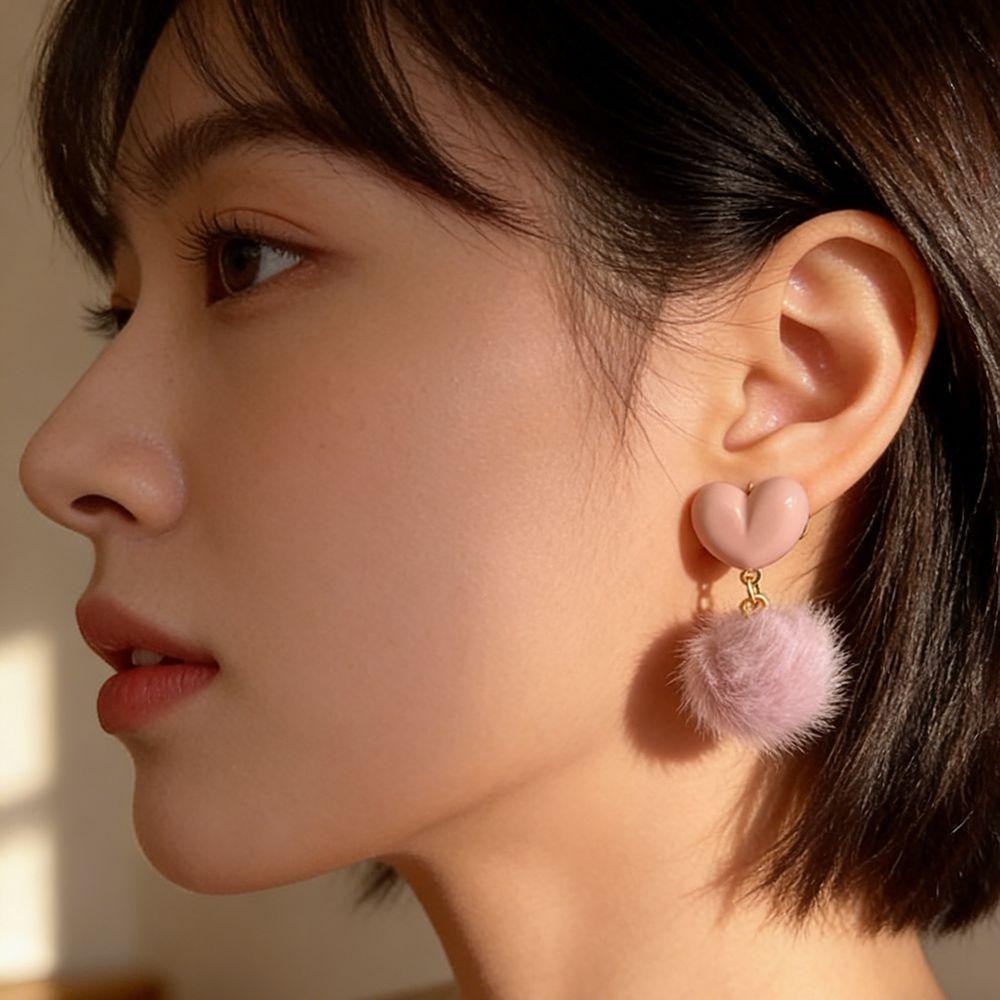 Sweet Plush Ball Earring Ear Stud Valentine's Day Earring Heart Shaped Earrings Wedding
