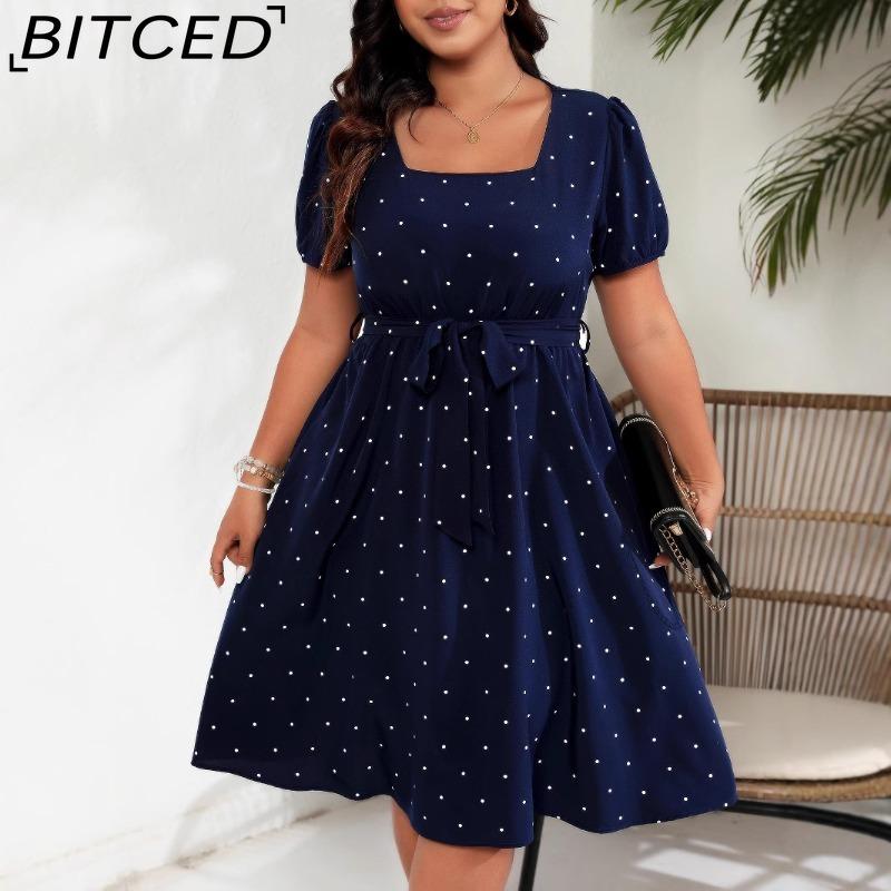 BITCED Plus Size Women's Elegant Vintage Polka Dot Waist-Tied Square Neckline Full-Skirt Dress