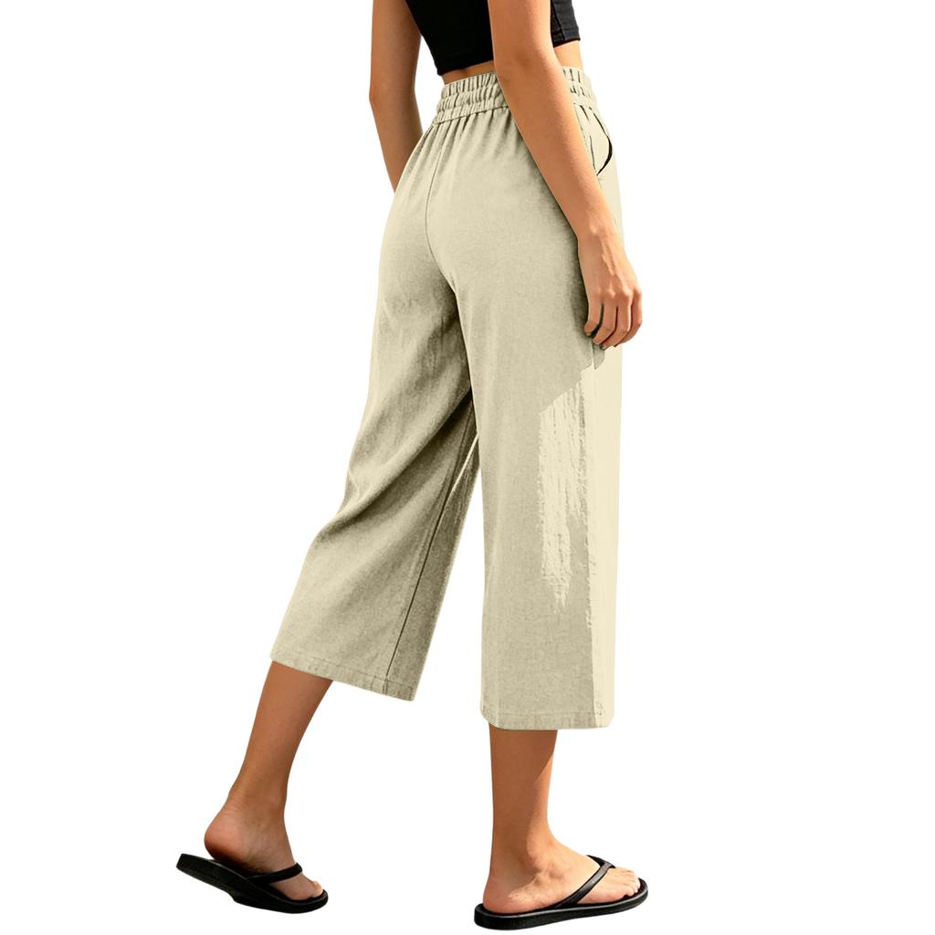 Damen Kordelzug Taille Locker Geschnitten Cropped Baumwolle Leinen Hose Lässige Lockere Passform Sieben Achtellänge Hose für den Alltag