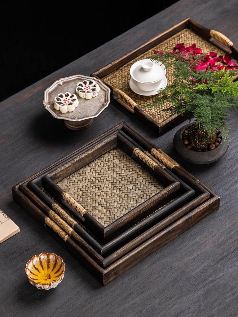 Thai Bamboo-Woven Solid Wood Tea & Serving Tray