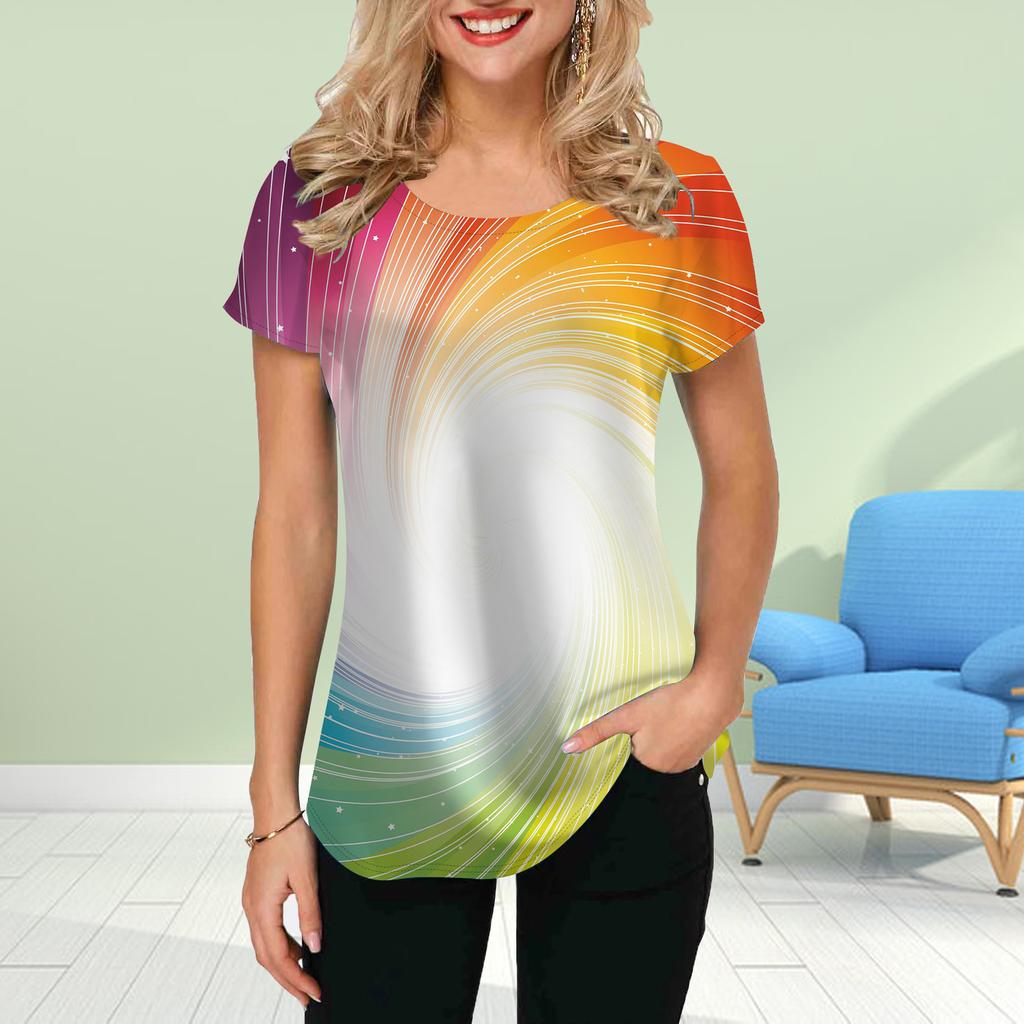 Fashion Women Rainbow Print T Shirt Funny Casual O-neck Short Sleeves T-shirt Summer Female Tee Shirt