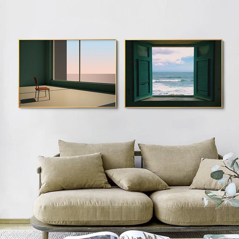 

Скандинавские морские пейзажи Холст Живопись Окно Морской пейзаж Плакат Печать Домашний декор Современные настенные рисунки Картины для гостиной Спальня