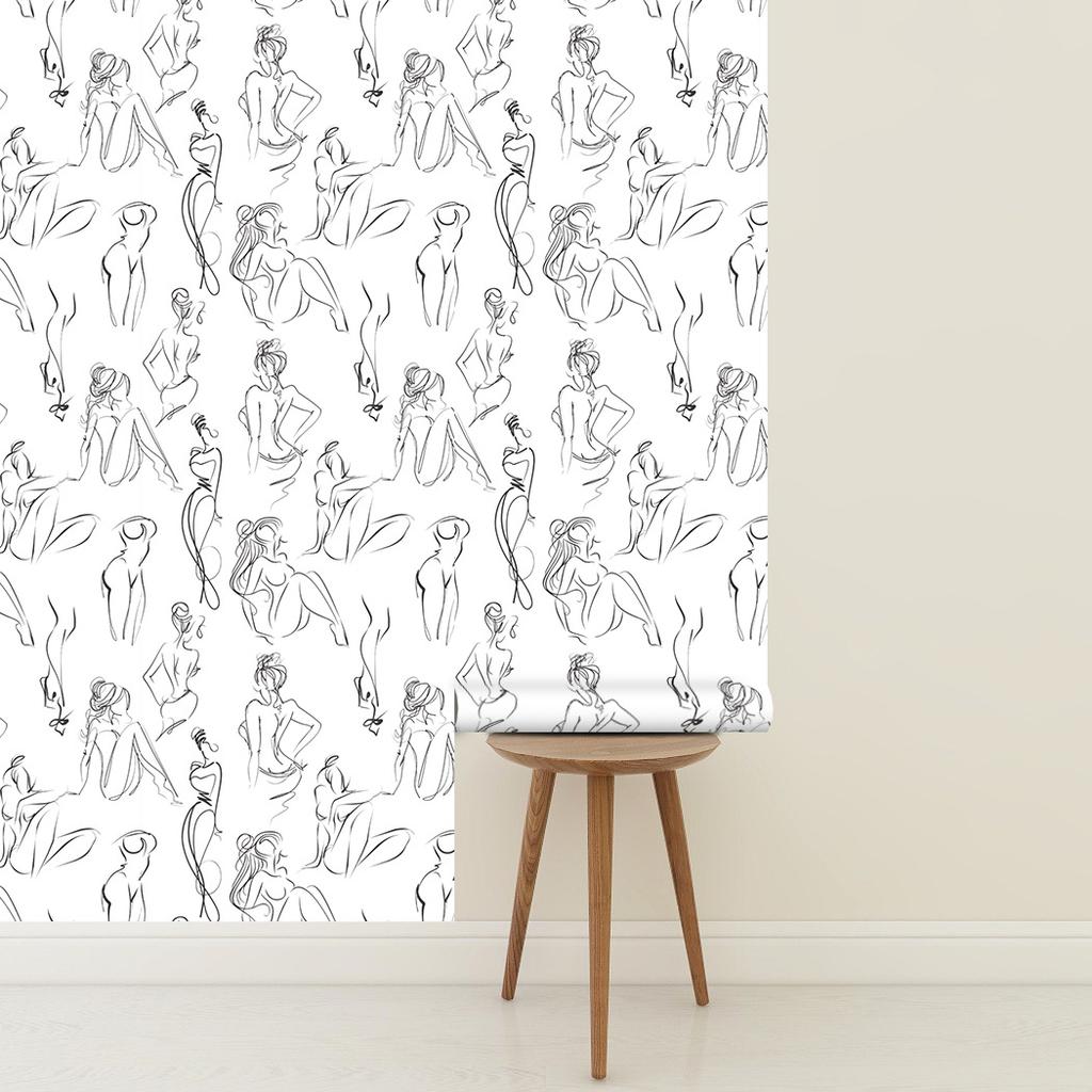 Minimalistische weibliche schwarze und weiße Linien, Wohnzimmer, Schlafzimmer, Hintergrundwand, wasserfest, feuchtigkeitsbeständig, abnehmbar, selbstklebende Tapete(45cm*300cm)
