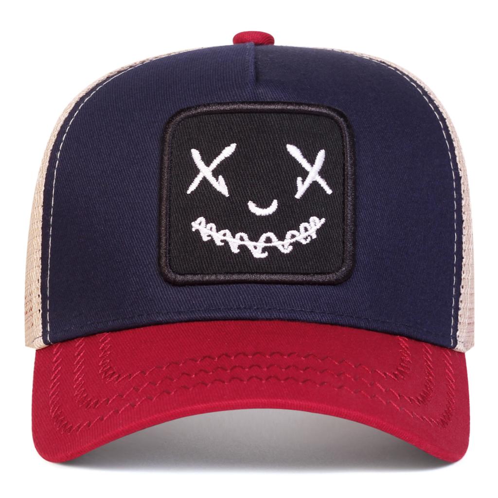 X Eyes Smiley Patch Trucker Hat, Mesh Back Adjustable Curved Brim Baseball Cap for Streetwear