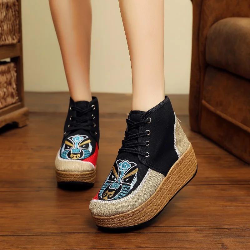 

Мода 2024 Новые Ретро Женские Льняные Хлопковые Вышитые Короткие Ботильоны на Платформе Удобные Женские Ботильоны на Шнуровке Зимняя Обувь 35