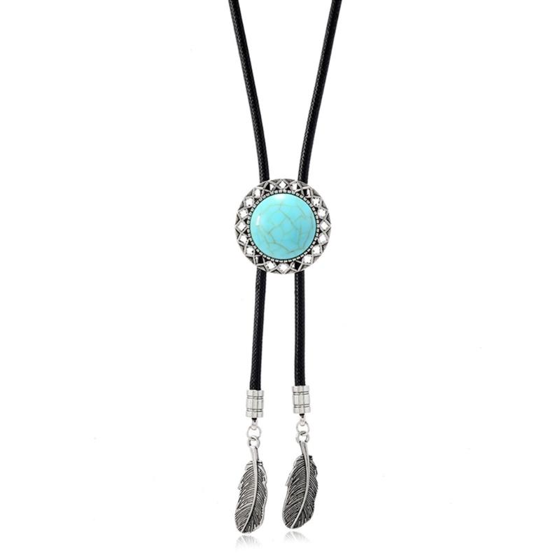 Men's Rodeos Western Leather Cord Bolo Tie Antique Floral Stone Jewelry Cowboy Necktie Necklace with Feathered Pendant