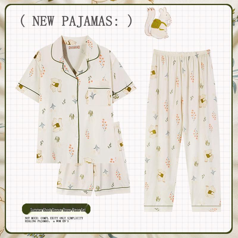Pastoral Women's Pajama Set: Soft, Cute Rabbit Design, Short-Sleeve, Casual Three-Piece Loungewear.