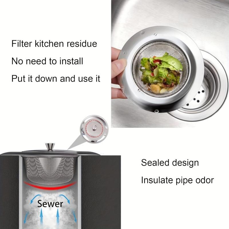 2 Piece Stainless Steel Kitchen Sink Strainer with Lid - Durable Odor Removal Drain FilterSuitable for Vegetable Washing Basin