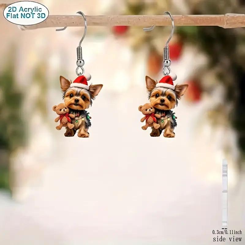 Cross-border new cute dog earrings with Christmas hat flat acrylic Christmas pet cartoon puppy earrings