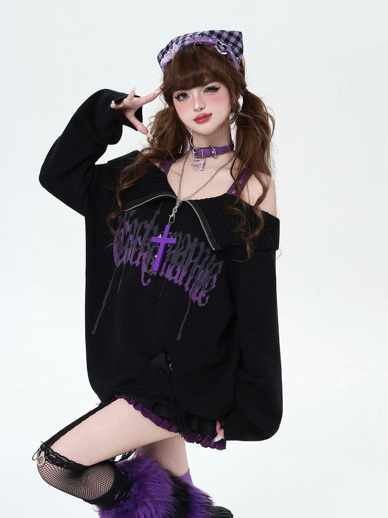 Korean Style Off-Shoulder Punk Sweater with Turn-Down Collar - Women's Autumn/Winter Ripped Knitted Top