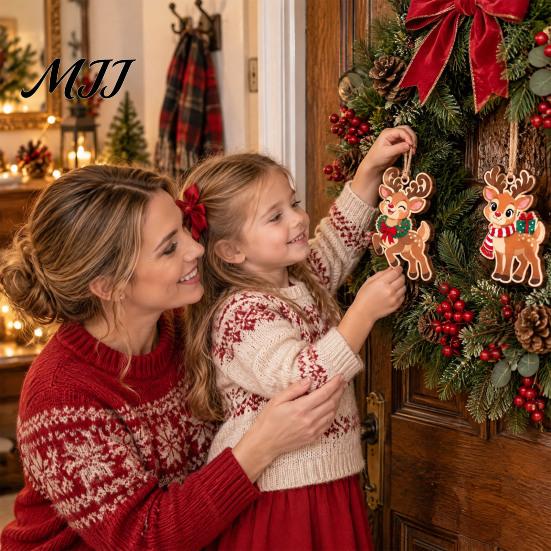 Holiday Hanging Decorations 6Pcs Wooden Reindeer Christmas Ornament, Cute Deer Decor Charms with Jute String, Tree Pendant for Home Shop Natural Wood