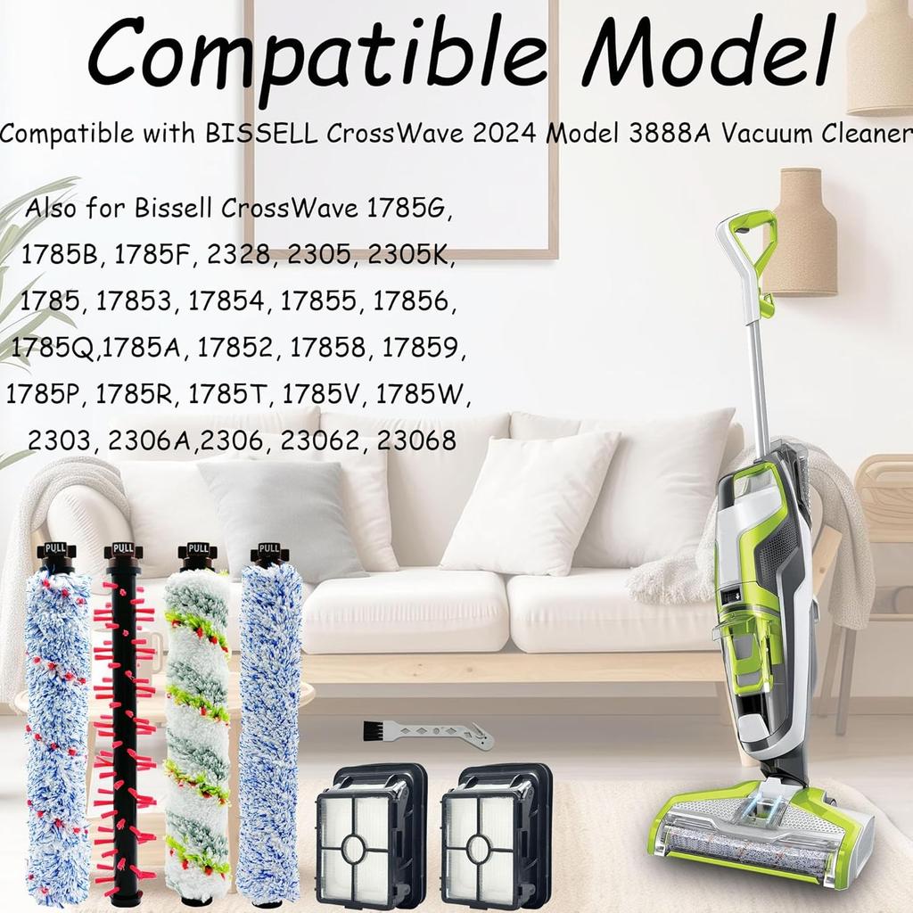 Replacement Parts for Bissell CrossWave 2024 Model 3888A Vacuum 4 Brush Rolls, 2 Vacuum Filters, 1 Cleaning Brush