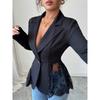 Women Elegant Hem Black Suit Coat Fashion V-neck Single Breasted Color Lace Patchwork Blazer Waist Slimming Women's Suit Jacket