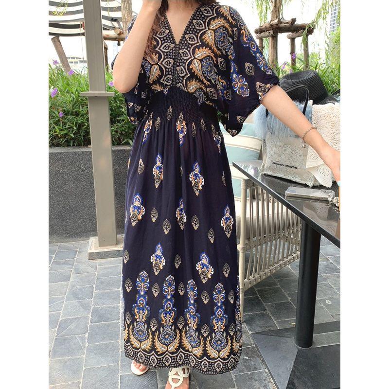 Korean Style Plus size women clothing V-neck Ethnic Style Print Waist Hugging Fashion Loose Batwing Sleeve Dress Long dress XL-5XL