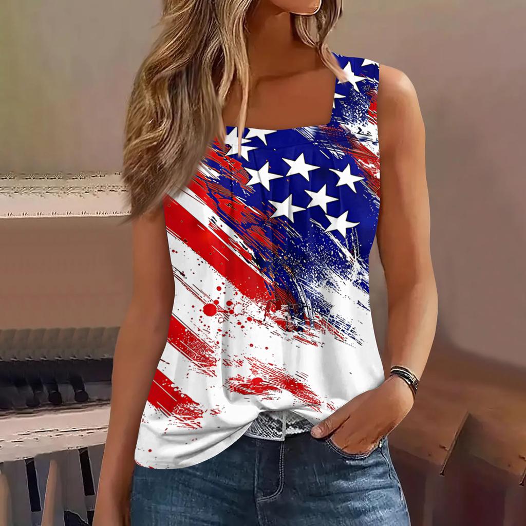 Square Collar Tank Top Women Print Tank Tee Casual Loose Fit Sleeveless Shirt
