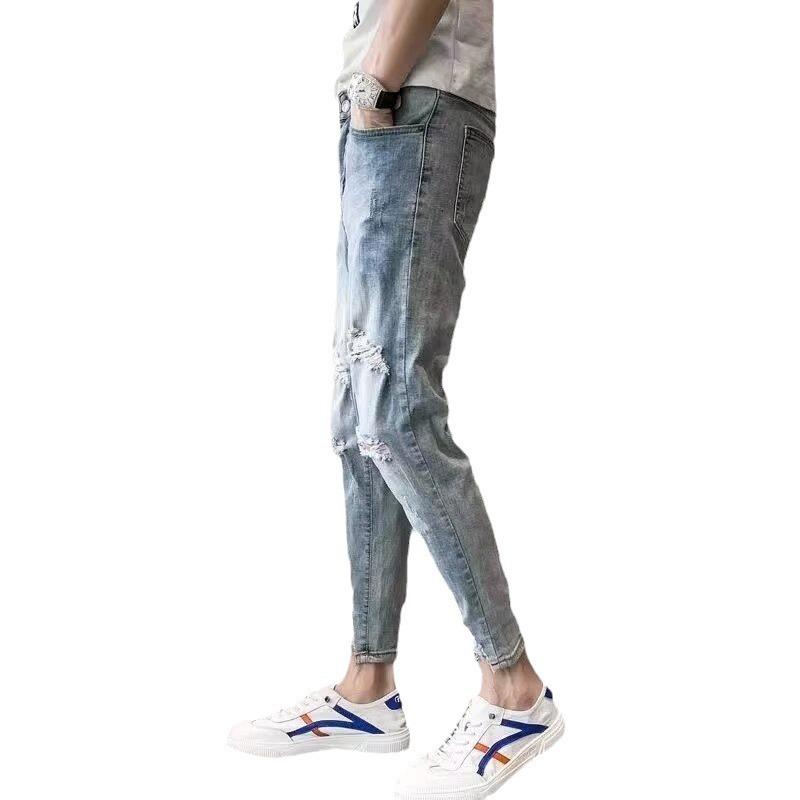 Ripped jeans men's ice silk Korean version of the trend summer thin American high street beggar Tencel nine-point pants