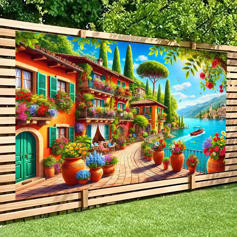 2D Mediterranean Village with Colorful Flowers Wall Decor Tapestry