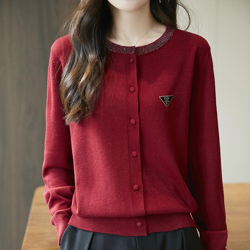 

Новый осенне-весенний стиль вязаного кардигана с круглым вырезом и стразами, однотонный вязаный свитер свободного кроя, универсальный для женщин XL красный