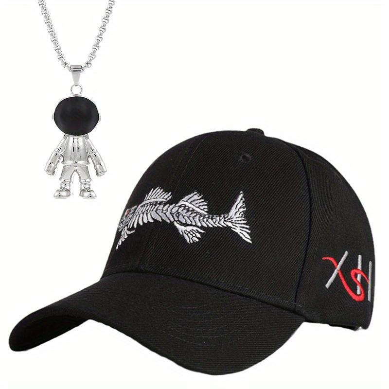 

Комплект из 2 мужских бейсболок, ожерелий, вышитых рыб, солнцезащитных кепок, уличных камуфляжных солнцезащитных кепок с утиным язычком, ожерелье с подвеской в виде космонавта, повседневная сетчатая кепка чёрный