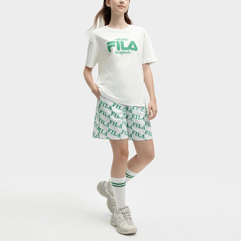 FILA Letter Print Fashion Casual Loose Color Block Short Sleeve Drop Shoulder T-Shirt Women Tops Cloud-Mushroom-White F11W419106F-WT