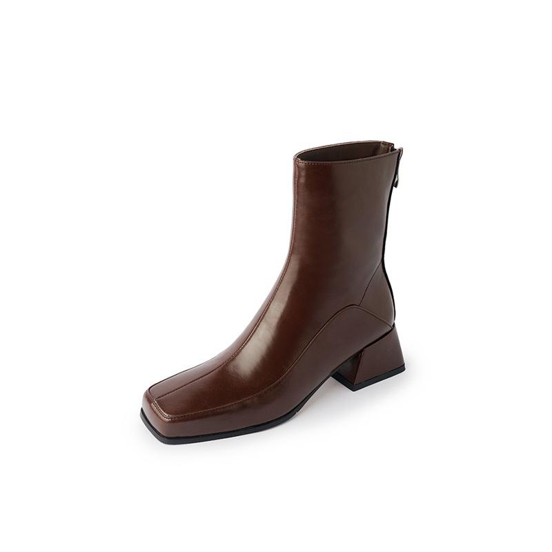 Women's boots thick heel square head short boots rear zipper leather boots versatile Korean women's leather boots