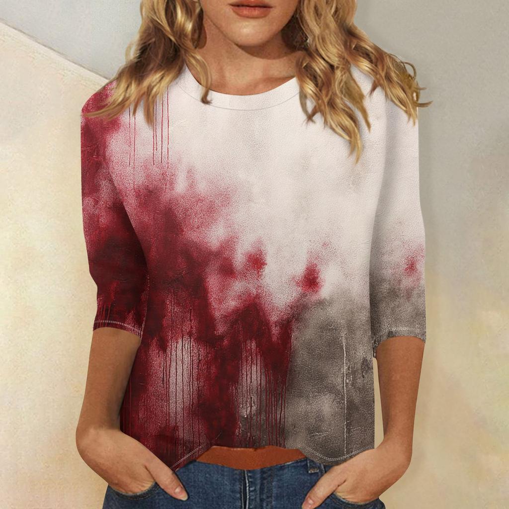 Women's Fashion Casual Round Neck 3/4 Sleeve Loose  Printed T-Shirt Ladies Top