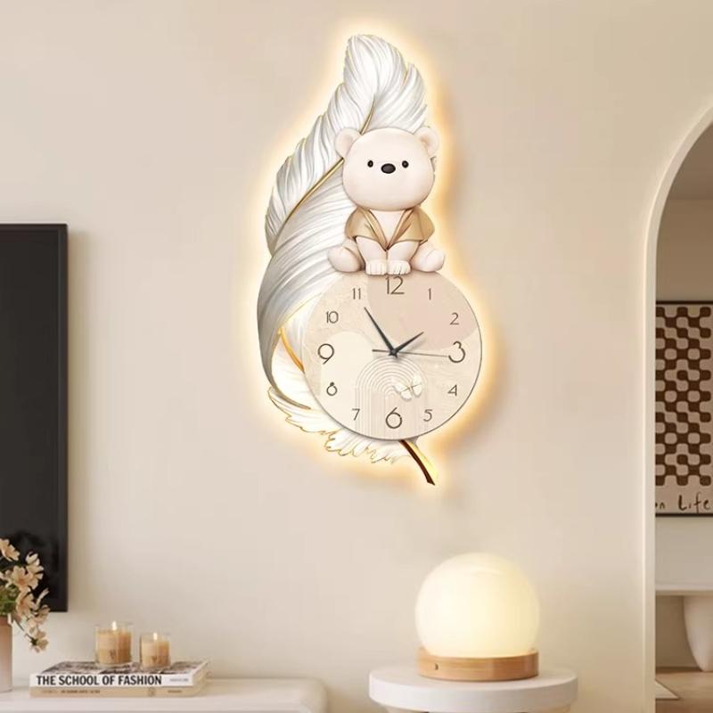 Luxury Living Room Wall Clock Modern Design Cartoon Bear Restaurant Children Room LED Mute Clock Corridor Mural Lamp Room Decor