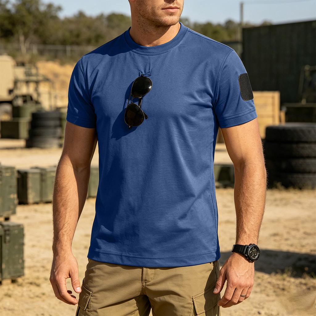 Men's Tactical Outdoor Quick-Dry T-Shirt Crew Neck Loose Fit Breathable Short Sleeve with Hook and Loop Patch Area for Customization