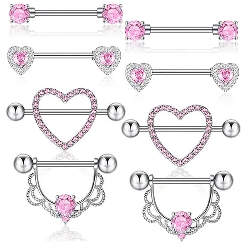 Rosa Herz Brustwarzenpiercing Stange Set Glänzende Kristall Brustwarzenringe Großpackung Für Frauen Blume Brustwarzen Schmuck Packung Piercing Teton Mengen