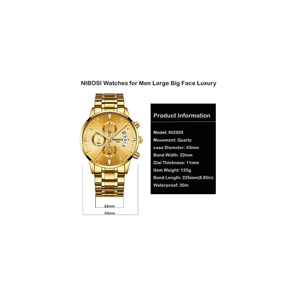 Men's Big Face Gold Chronograph Watch Analog Business Casual Stainless Steel Band