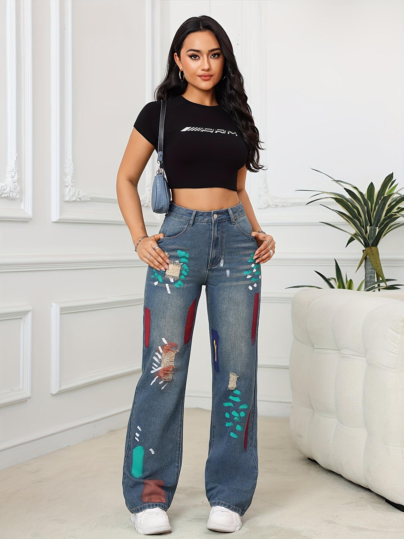 American Retro High-Waist Graffiti Denim Pants XX-Large