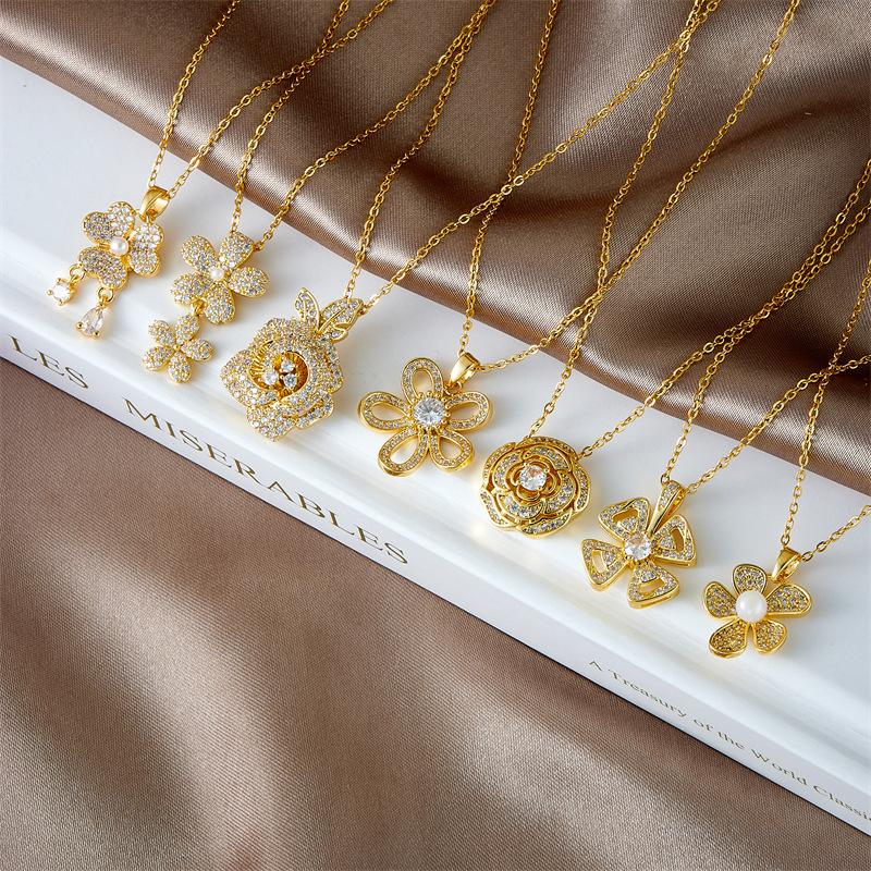 Elegant Hollow Flower with Zircon Pendant Necklace Stainless Steel Chain Jewelry Gifts for Women Teen Girls