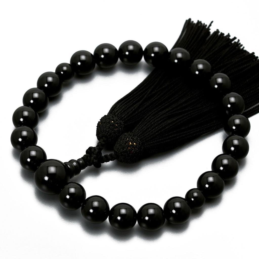 Men's Buddhist Prayer Beads, Kyoto Style, 22 Black Onyx Beads with Silk Tassel, Suitable for All Sects, Ideal for Informal Funerals, Buddhist Altars,