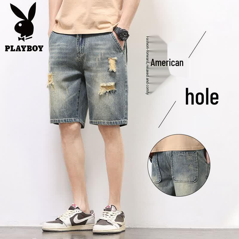 PLAYBOY Men s Ripped Straight Denim Shorts 32 синий