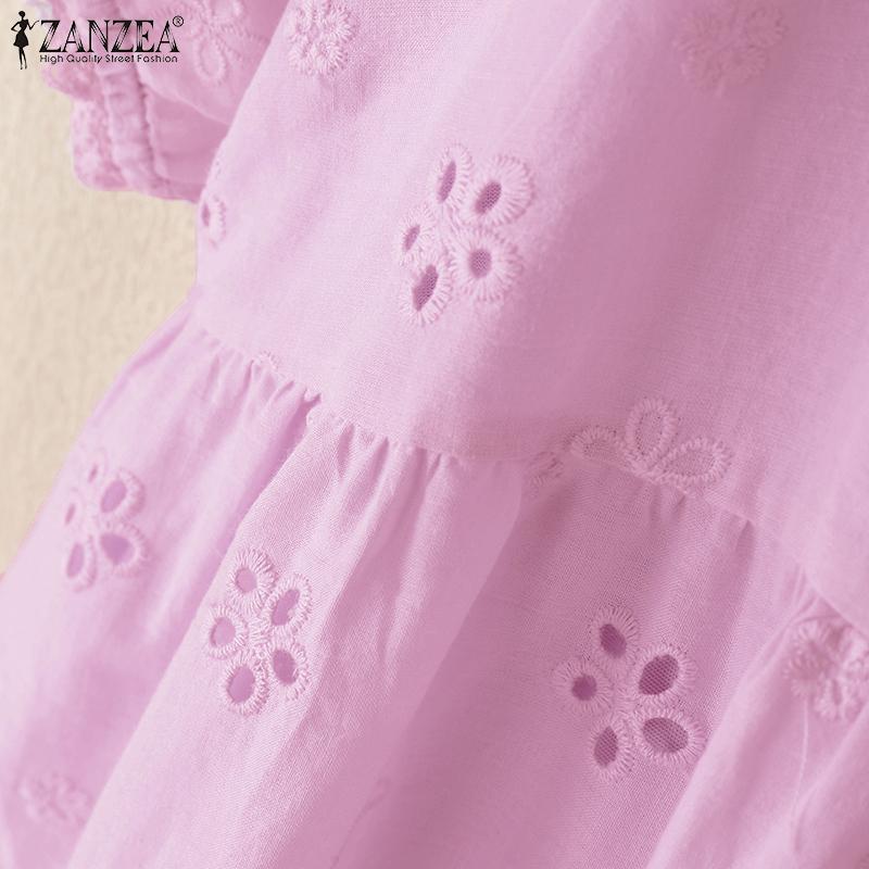 ZANZEA Damen Casual Rundhals Lose Stickerei Häkeln Kurzarm Bluse