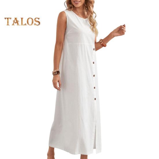 

Женское хлопковое льняное платье-майка, повседневное платье макси без рукавов, на пуговицах, с круглым вырезом, летнее свободное пляжное платье-сарафан с разрезом L белый