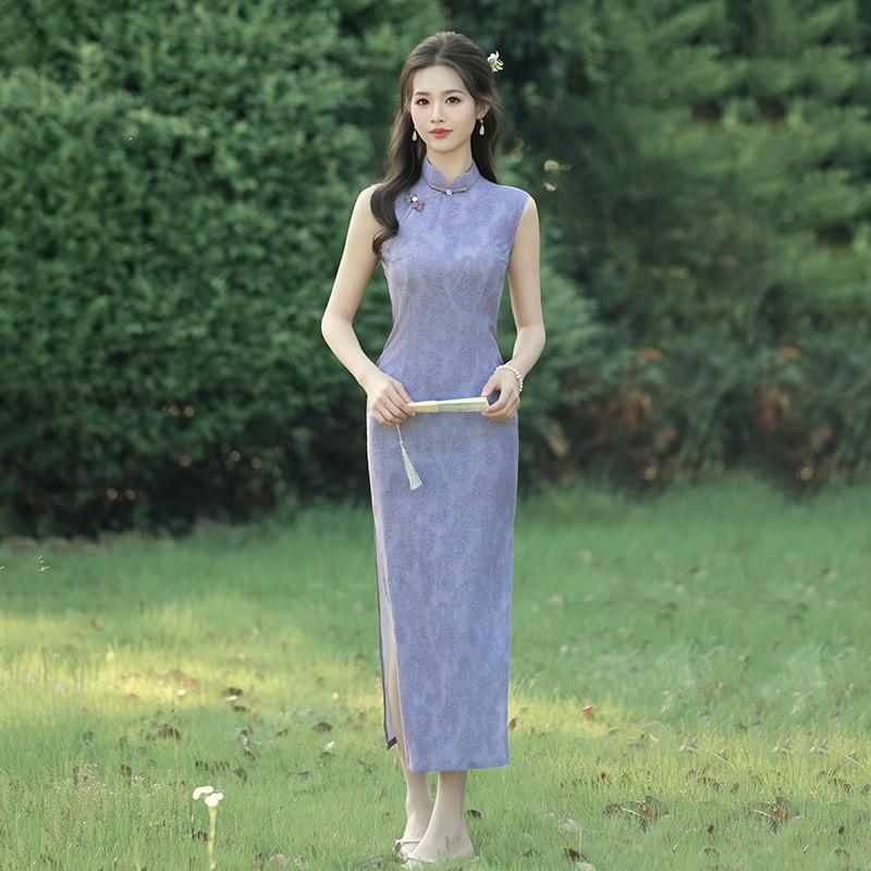 Purple sleeveless national style long cheongsam improved young new girl new Chinese style retro slim summer S