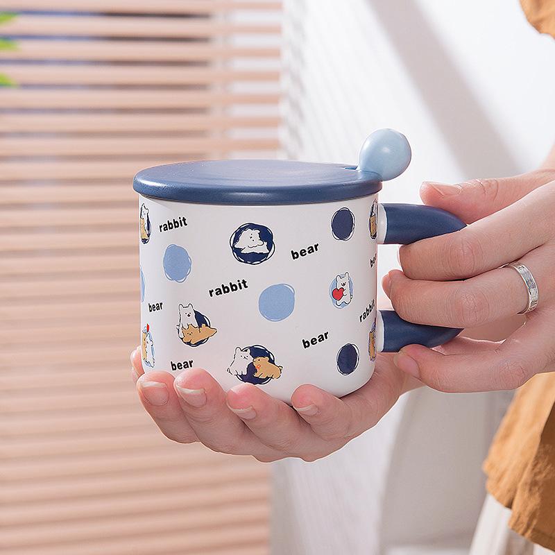 Tazza Ceramica Cartone Animato Aspetto Elegante Orso Coniglio Cane Tazza con Coperchio Cucchiaino Ragazza Ufficio Tazza Acqua Potabile Tazza Colazione