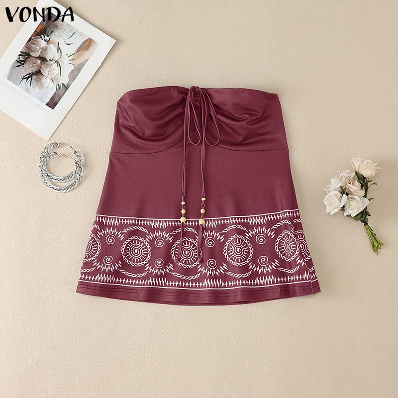 VONDA Summer Women Off Shoulder Strapless Print Tank Tops