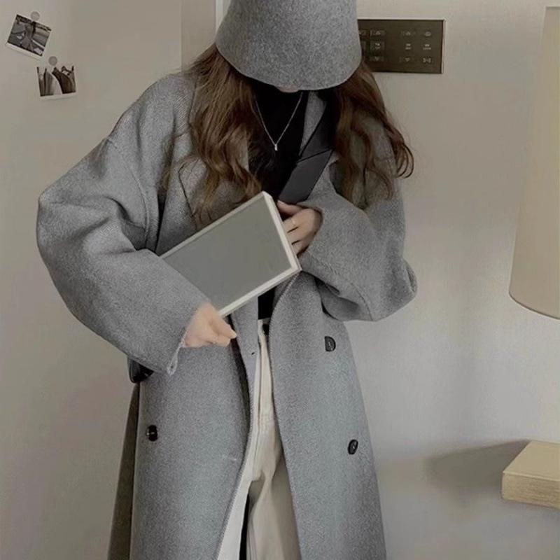 Oatmeal Color Double-sided Velvet Coat for Women Autumn and Winter New Korean Style Mid-length Knee-length Woolen Coat