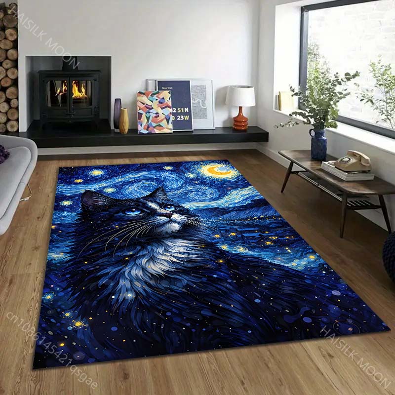 1PC Van Gogh-style cat night sky Pattern Rug Carpets for Bedroom Living Room Sofa Mat Creative Door Mat Cloakroom Home Decor
