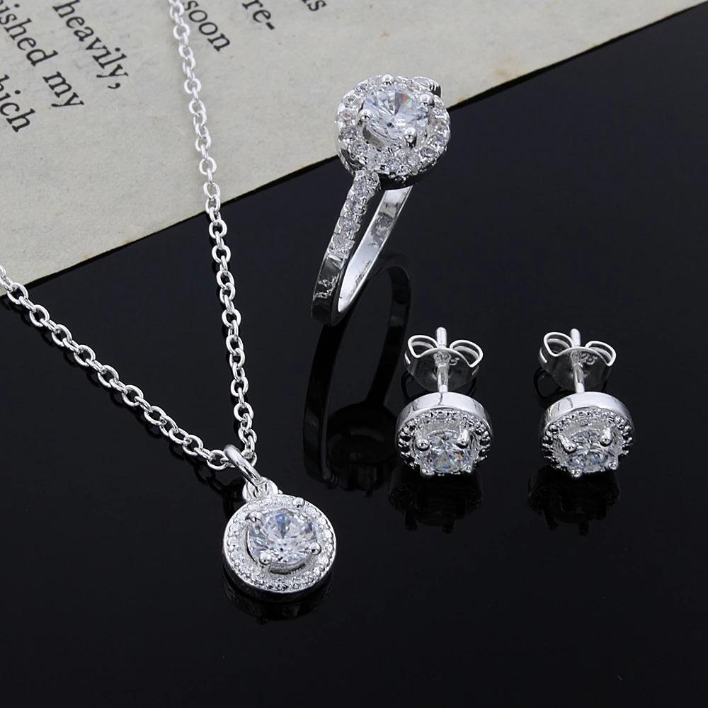 

4pcs Jewelry Set Necklace Ring Earrings Female Models Light Luxury Style Brass With Zirconia Bright Silver Plated Jewelry серебряный