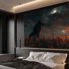 2D Night Wolf & Red Poppies Tapestry, Moonlit Starry Sky Wall Hanging for Dorm Bedroom